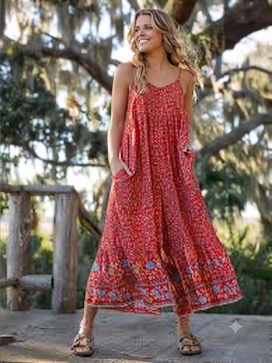 NATURAL LIFE Pants - Natural Life Jamie Jumpsuit Red Ditsy Floral Wide Leg Smocked Boho Festival S